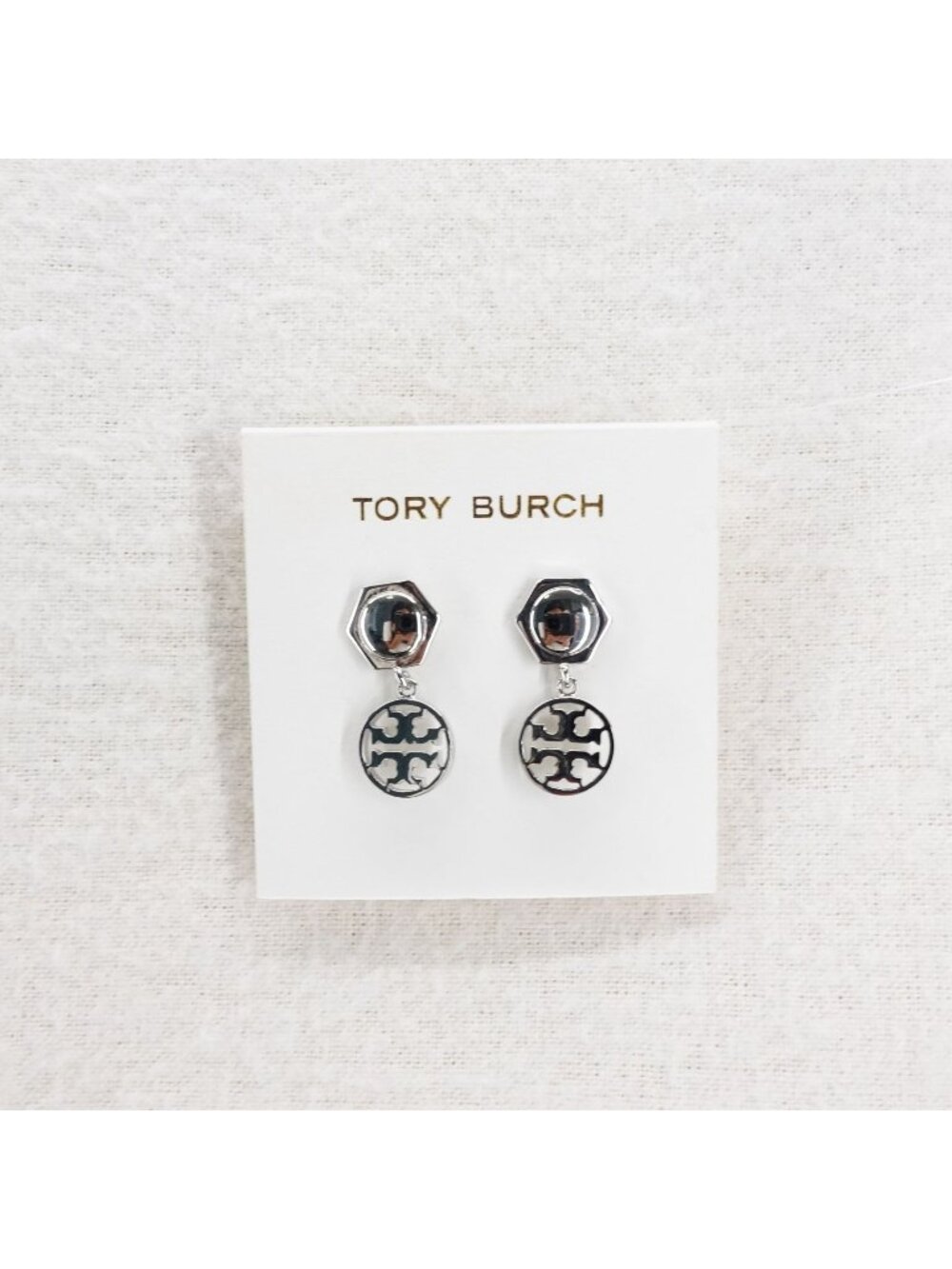 Tory Burch Hexagon Circle Logo Drop Earrings Silver OS
